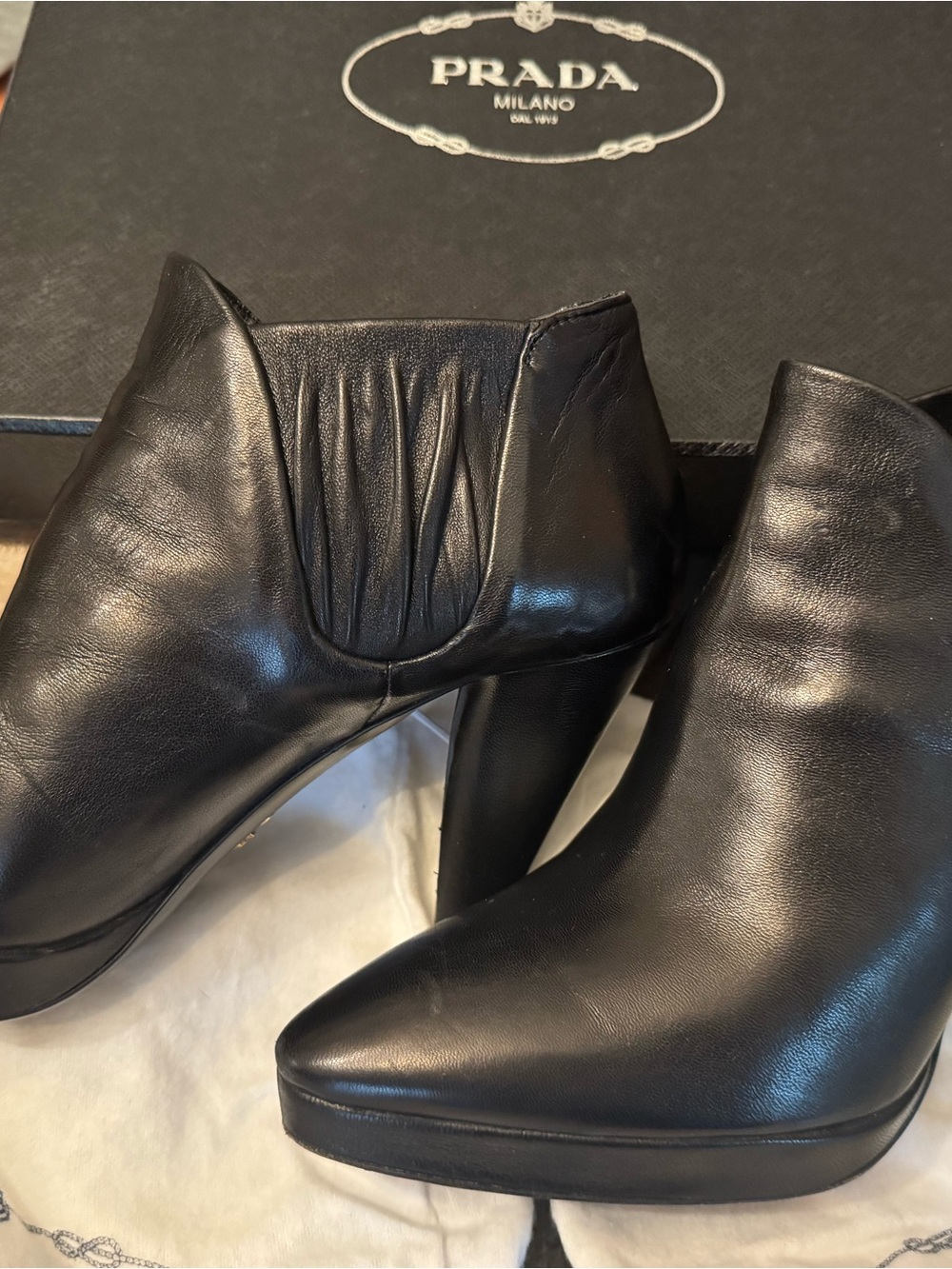 Prada Black Leather Pointed Platform Ankle Booties 37/7